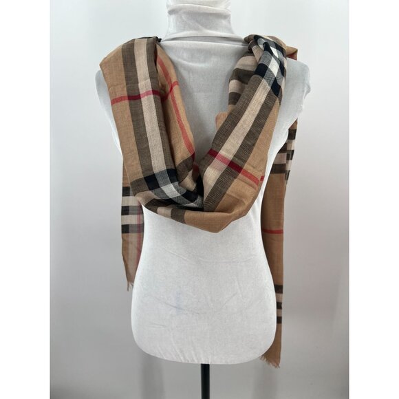 Burberry Beige Check Wool and Silk Scarf Made In Italy Soft & Lightweight - Picture 2 of 10